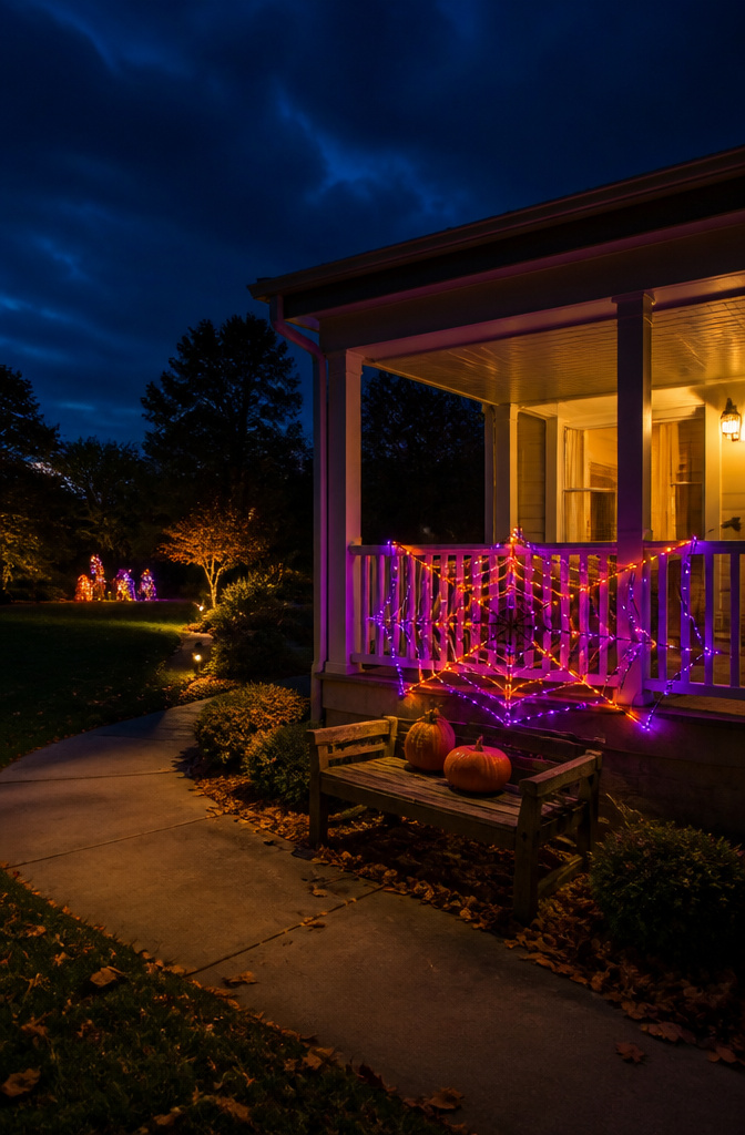 A spider web light set with purple and orange LEDs across a porch.