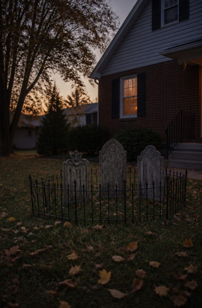Several foam tombstones clustered with a low iron fence.