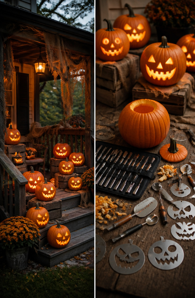A pumpkin carving kit with tools and face templates displayed.