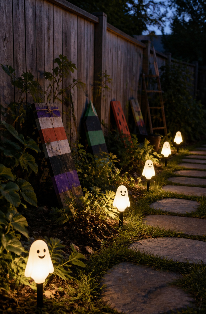 Solar path markers shaped like ghosts along a garden path.