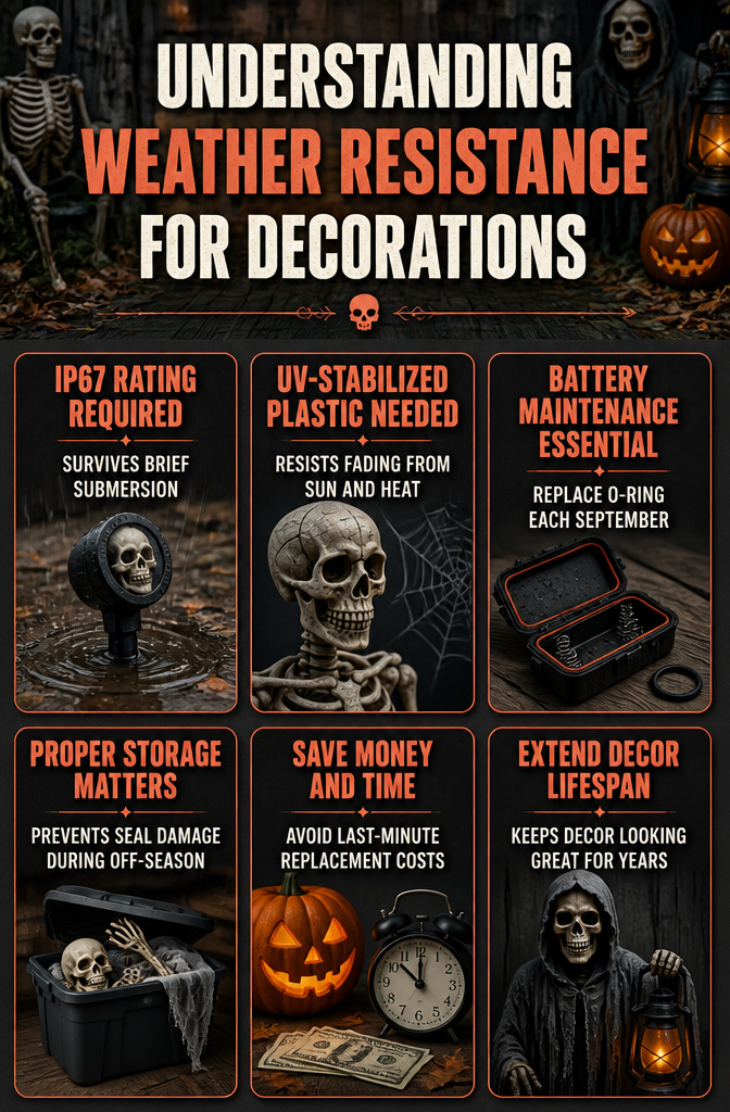 An information image detailing weather resistance ratings for decorations.
