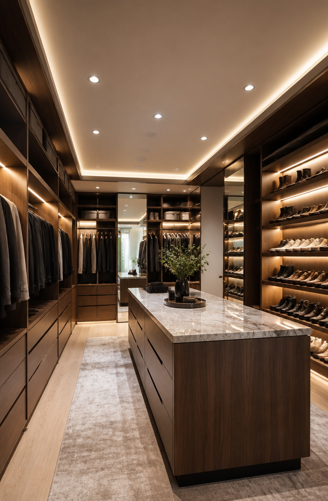 A walk-in closet with walnut shelving, drawers, and integrated LED lighting.