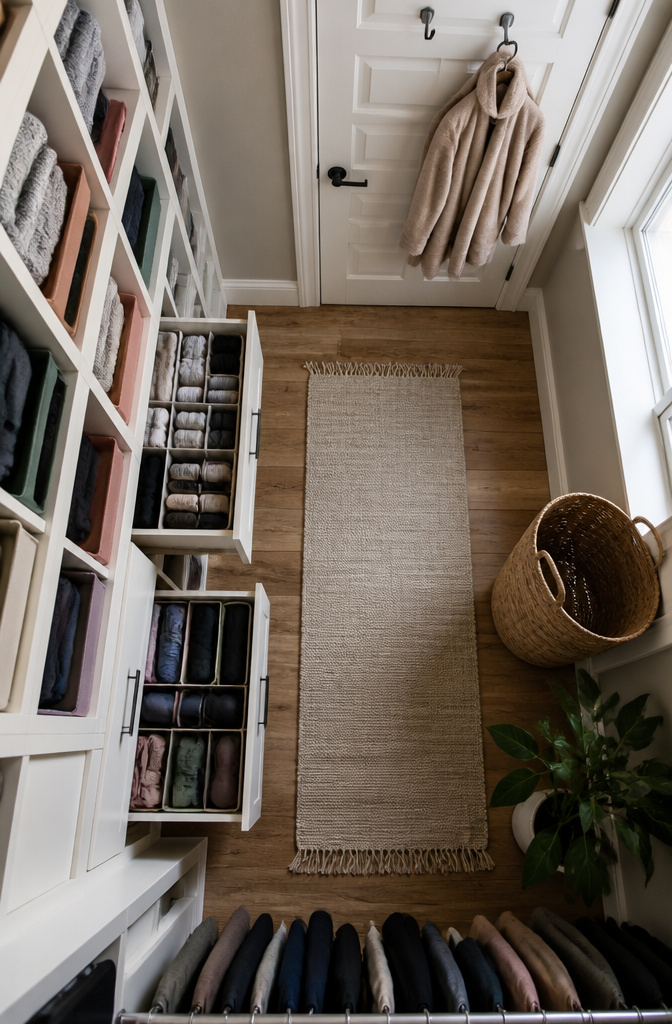 A walk-in closet with shelves and drawers organized for easy access.