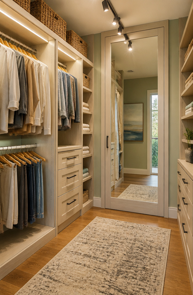 A walk-in closet with integrated LED lighting and a full-length mirror.