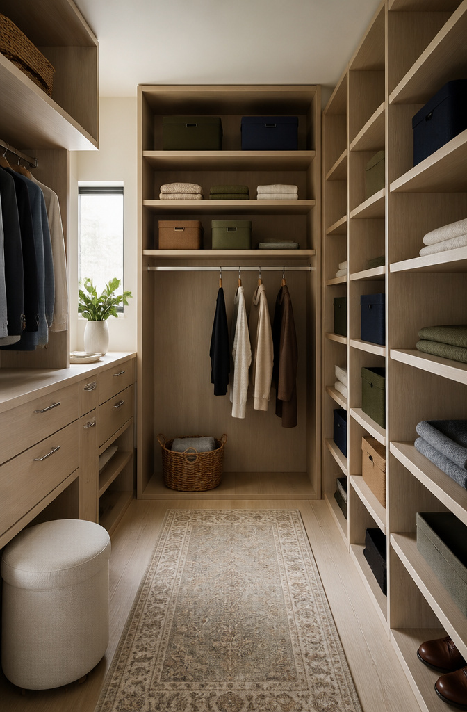 A walk-in closet interior featuring composite wood shelves and polished nickel hardware.