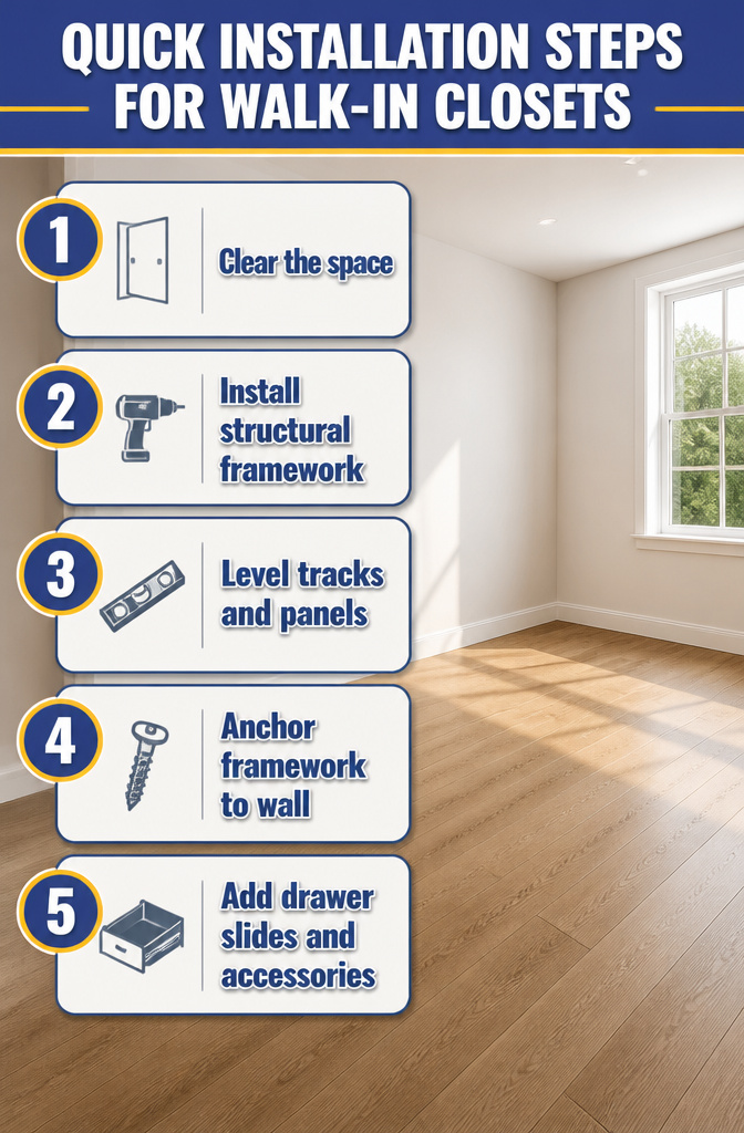 A visual guide showing quick installation steps for walk-in closets.