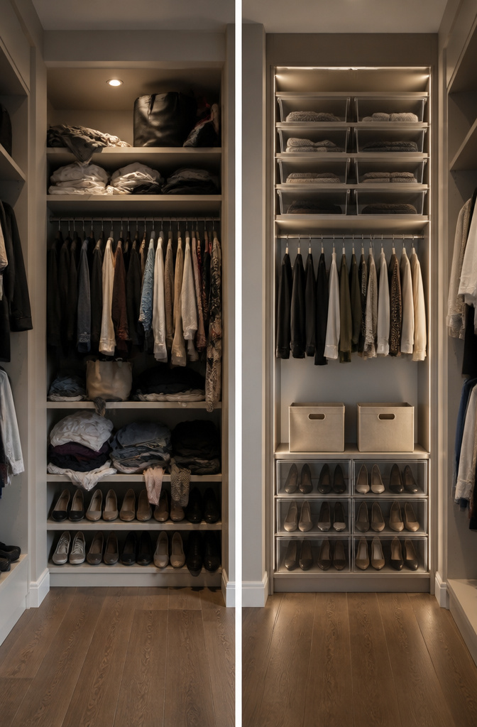 A walk-in closet with shelves and drawers for organized storage solutions.