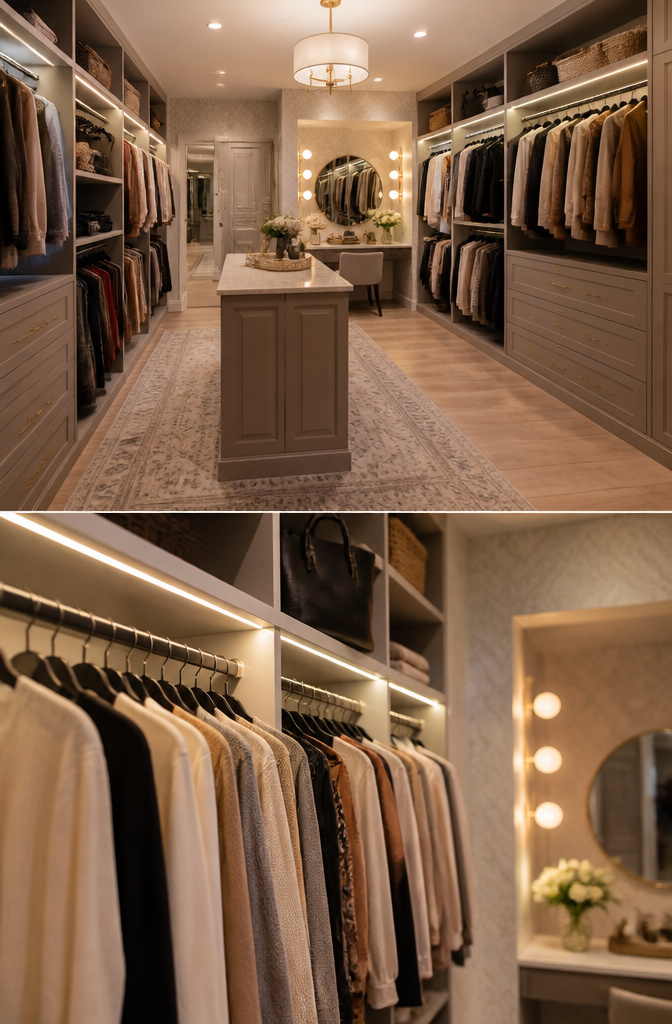 A walk-in closet with integrated LED lighting illuminating the space.