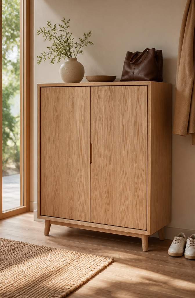 Wood shoe storage cabinet with doors in a hallway.