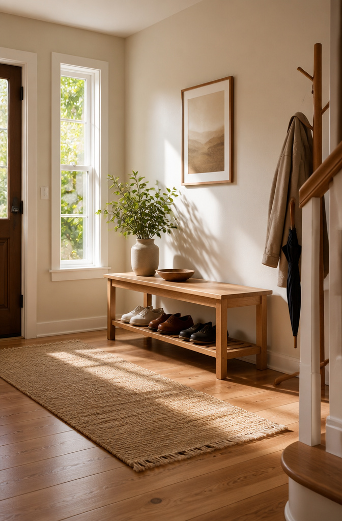 Wood shoe bench with shoes stored underneath.