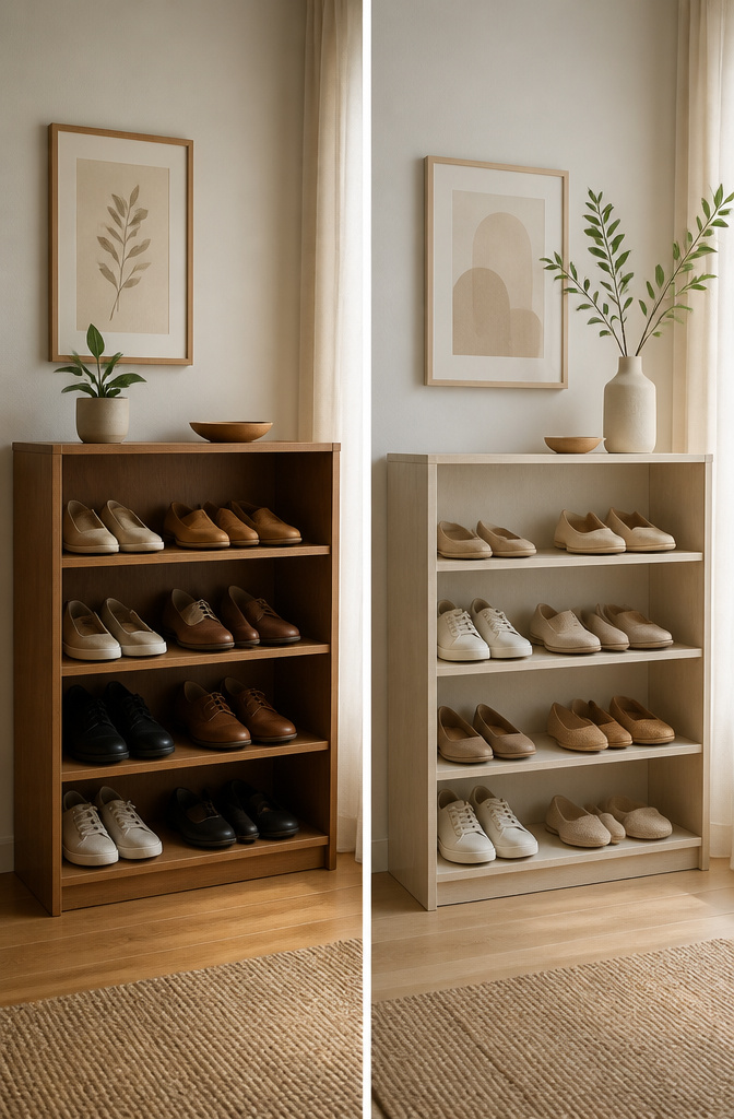 Wood shoe racks made of oak and ash in a neutral setting.