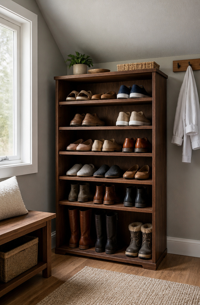 Wood shoe rack with adjustable shelves holding different types of shoes.