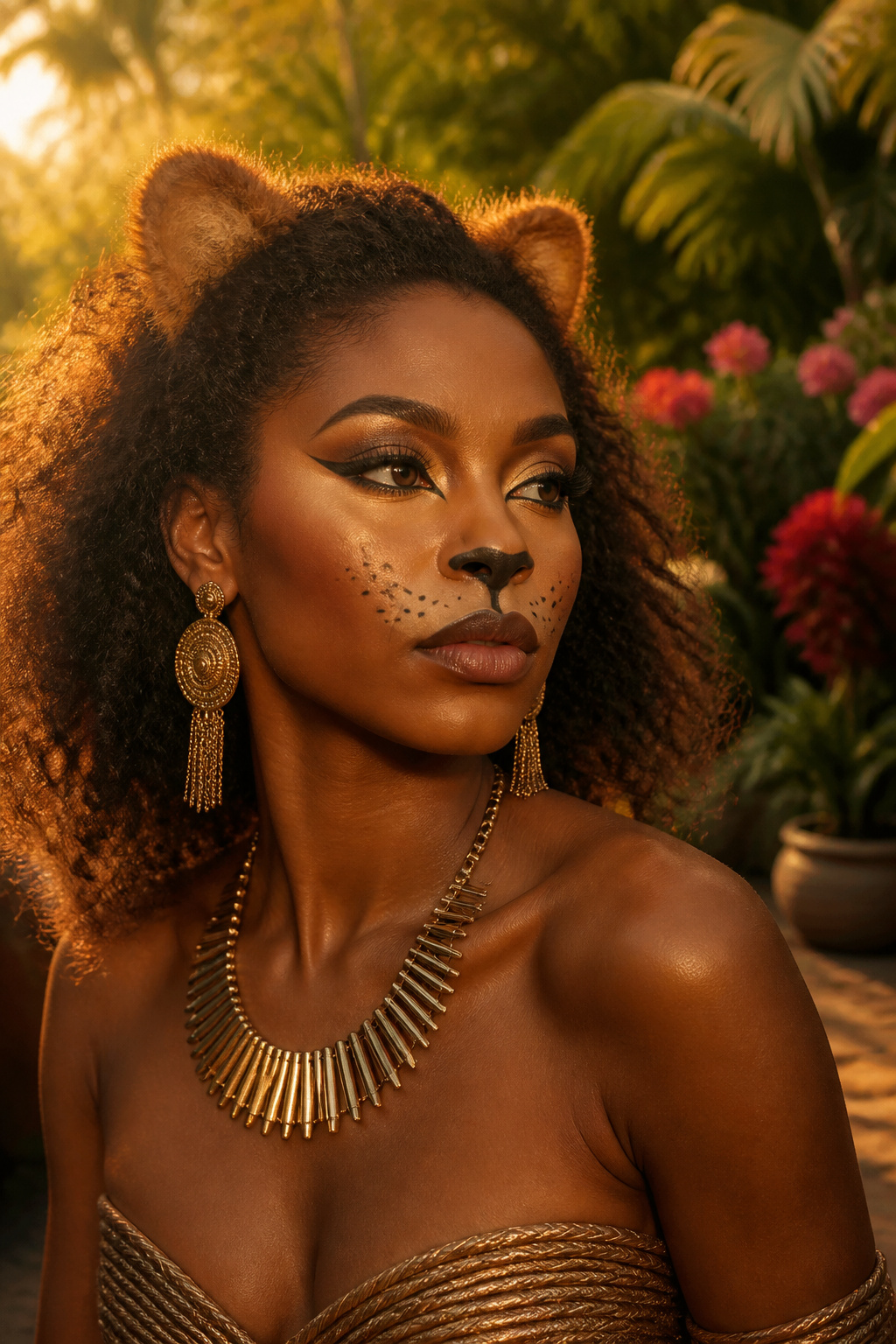 21 Cat Makeup Halloween Ideas for 2026 13 A model showcasing gold and bronze face paint in a garden setting.