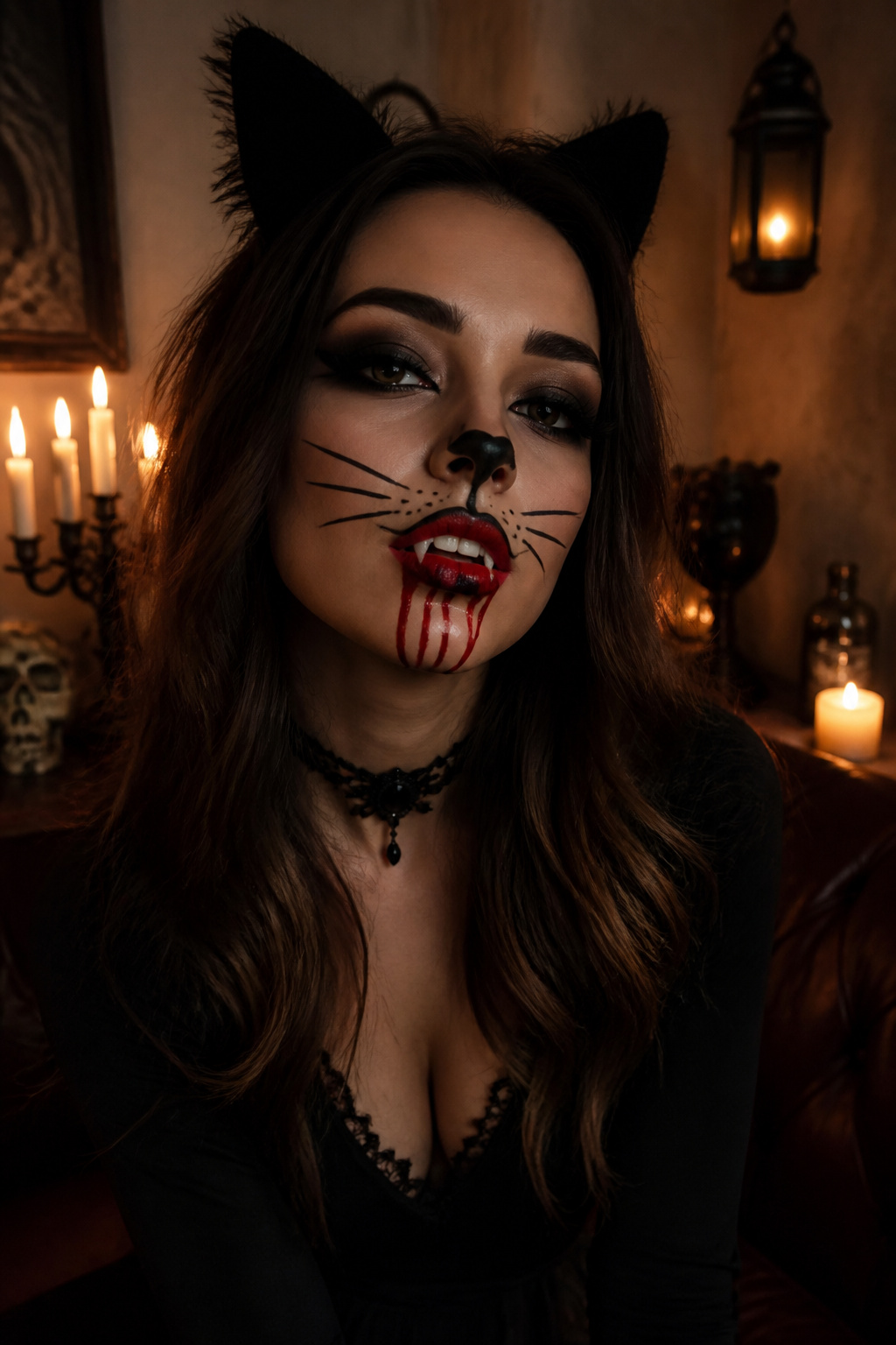 21 Cat Makeup Halloween Ideas for 2026 14 A model with blood-red lips and fangs in a gothic-style room.
