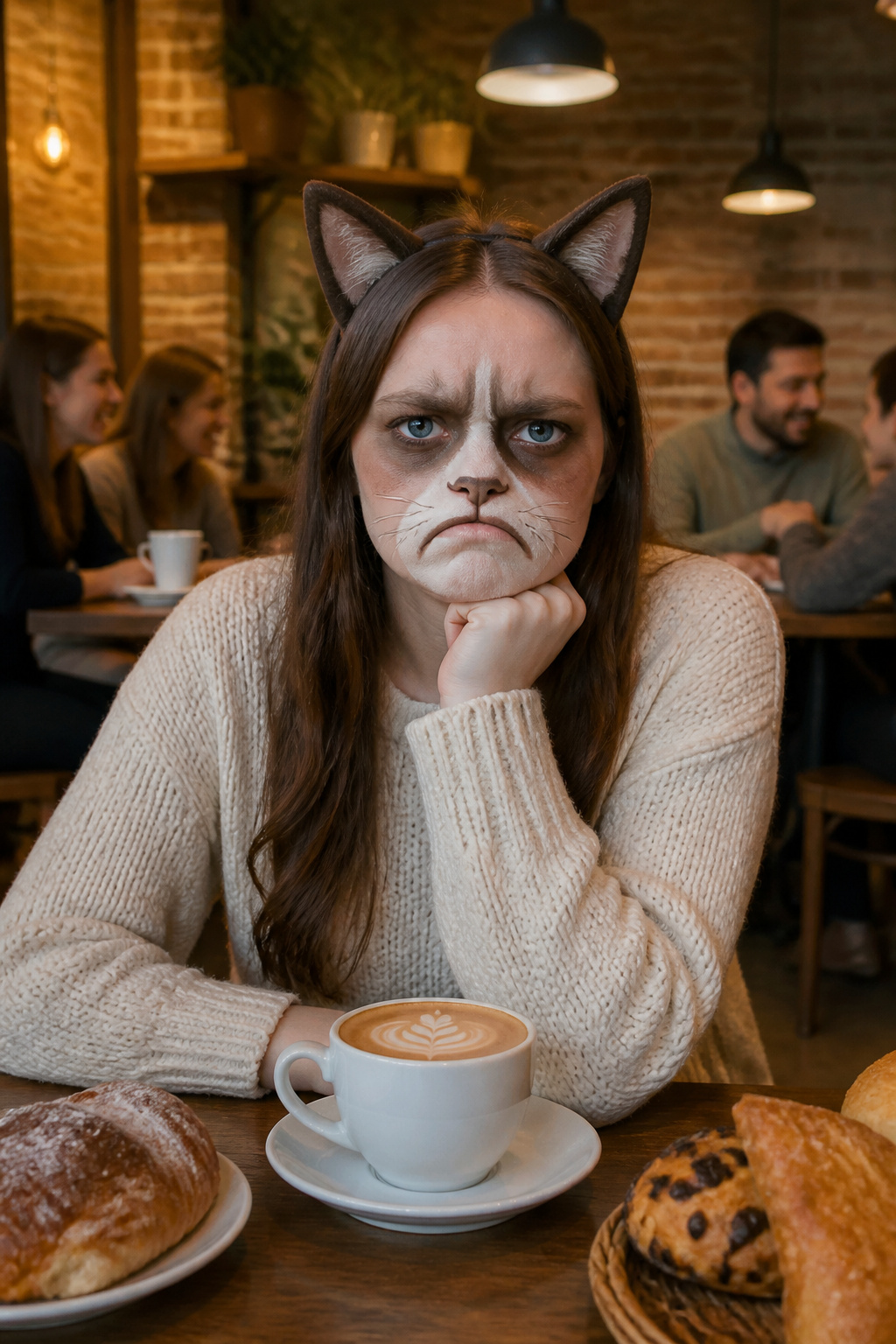 21 Cat Makeup Halloween Ideas for 2026 16 A model with drawn downward mouth and furrowed brow in a cafe.