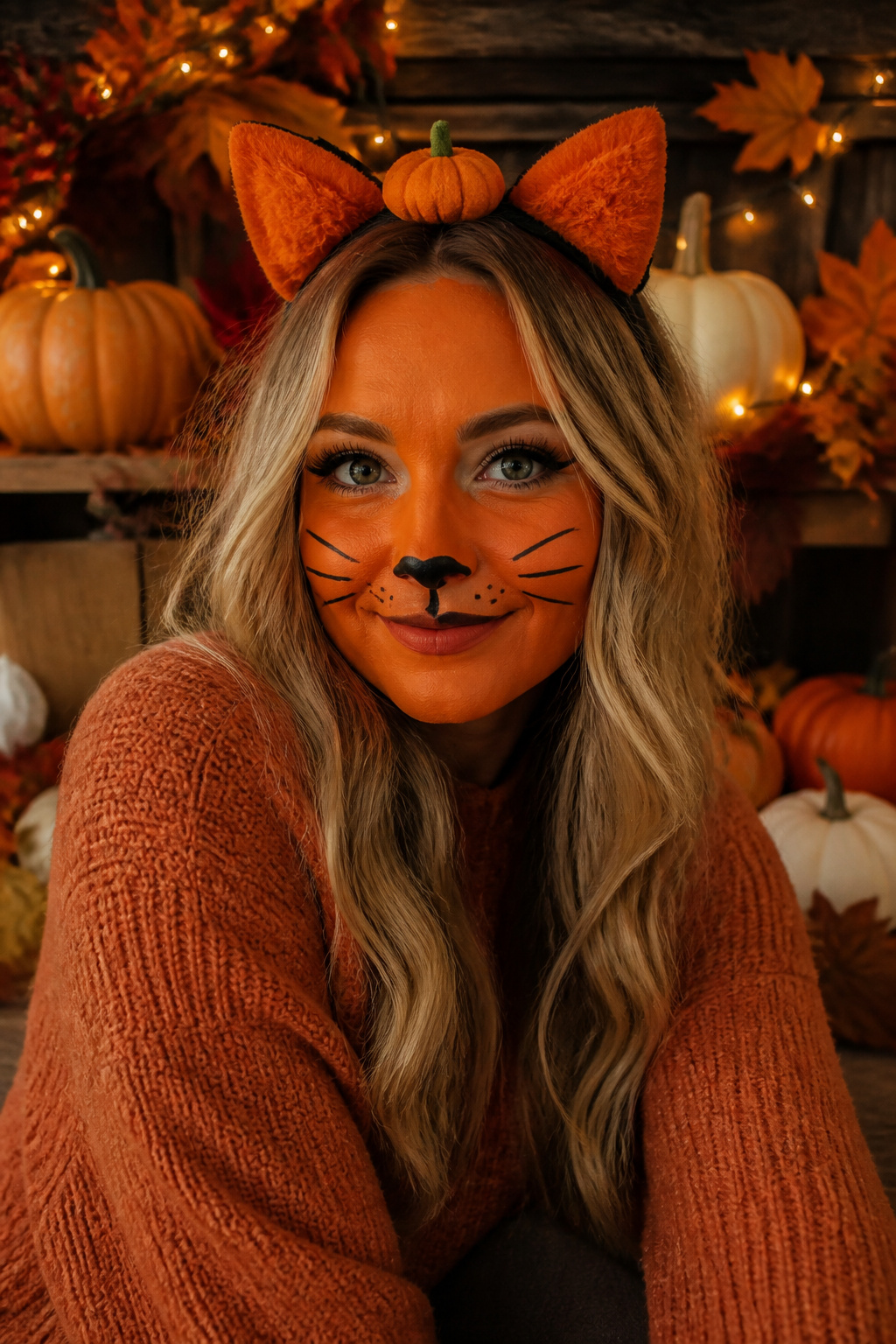 21 Cat Makeup Halloween Ideas for 2026 17 A model with orange makeup and black whiskers surrounded by pumpkins.