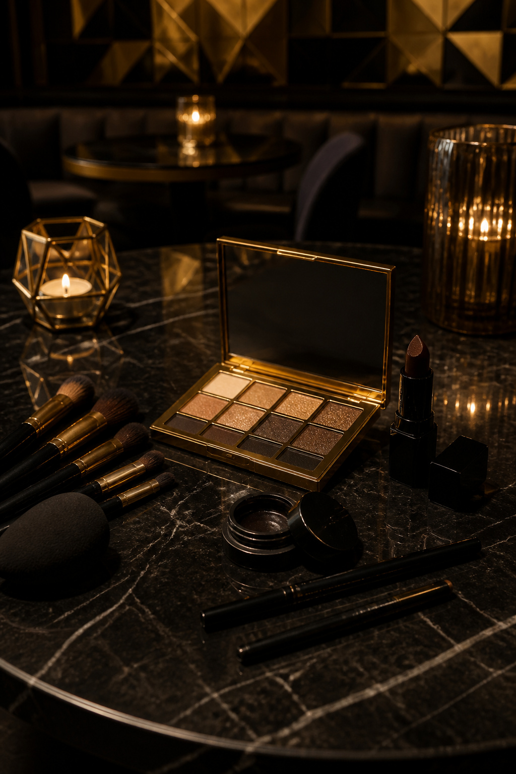 21 Cat Makeup Halloween Ideas for 2026 2 A flat lay of black eyeliner, gold eyeshadow, and brushes on a table.