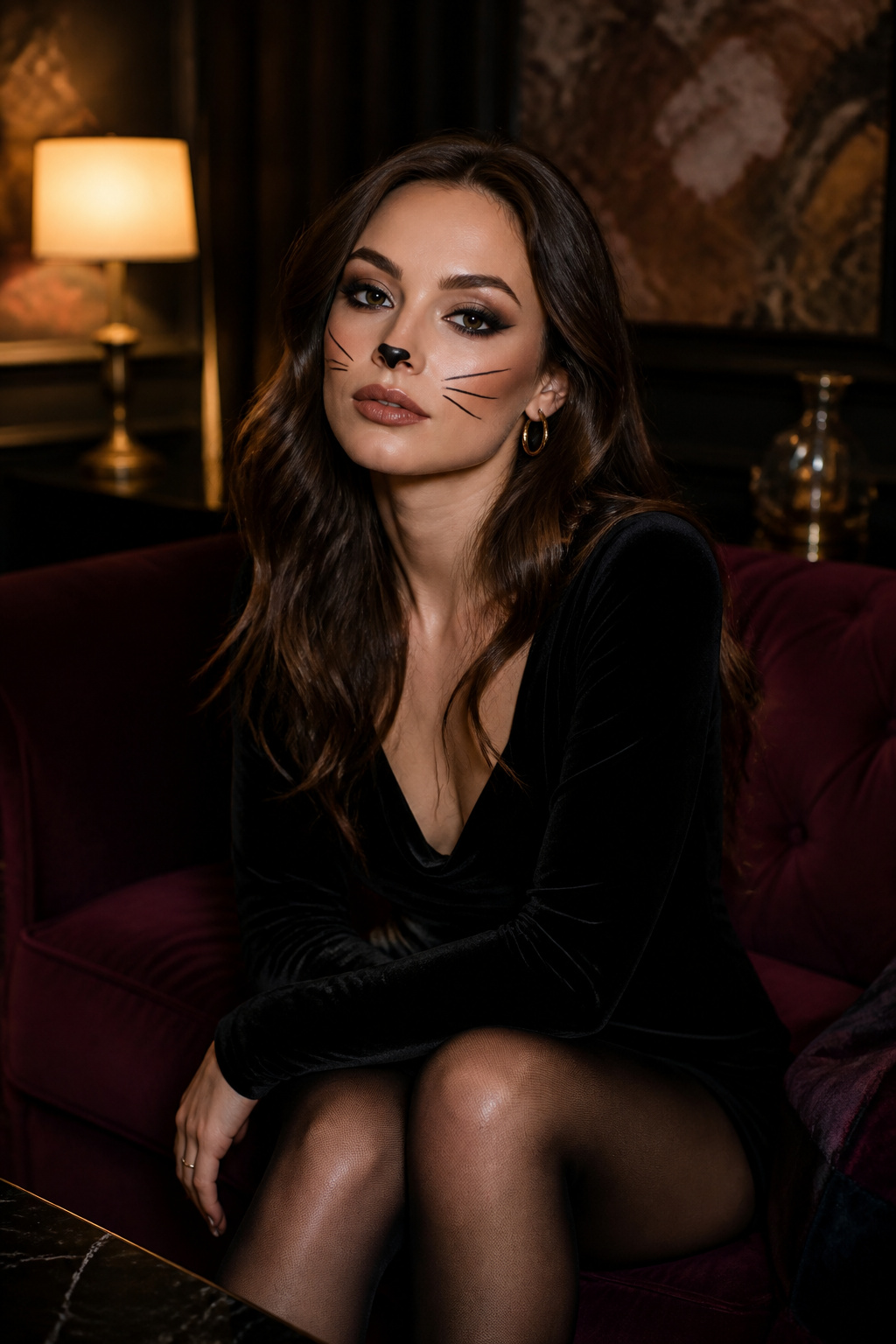 21 Cat Makeup Halloween Ideas for 2026 20 A model with smoky eye makeup in an elegant lounge.