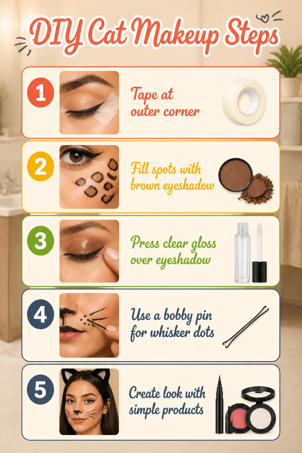 21 Cat Makeup Halloween Ideas for 2026 24 An image showing various DIY cat makeup steps and tools.