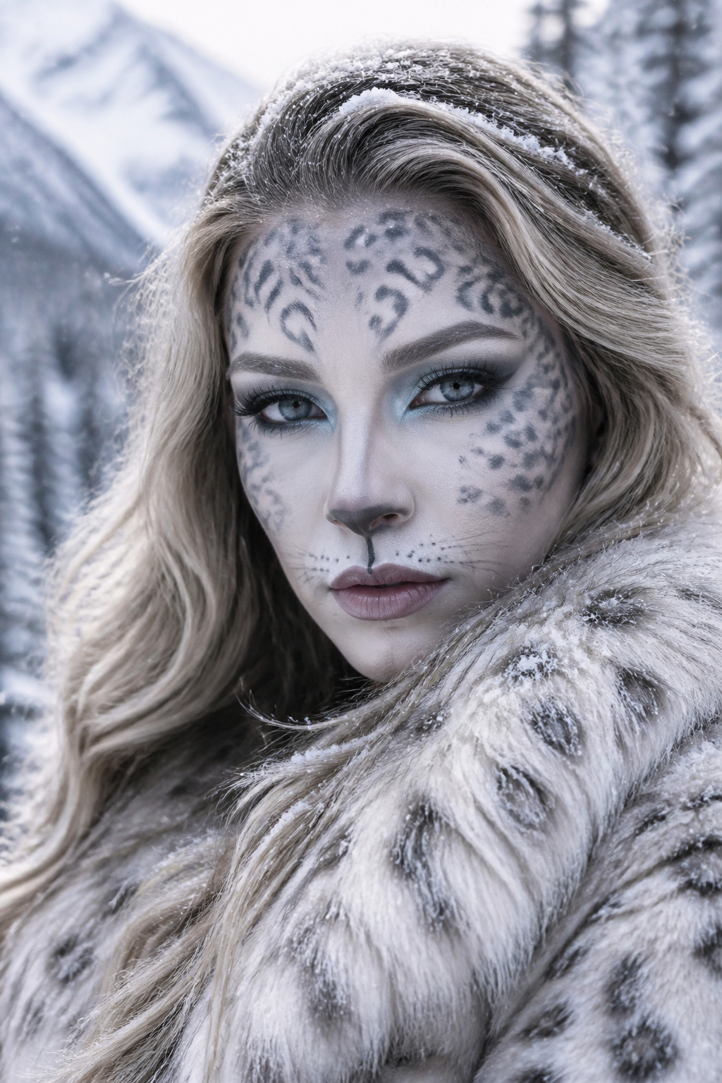 21 Cat Makeup Halloween Ideas for 2026 5 A model with gray-white makeup featuring rosette spots on her face.