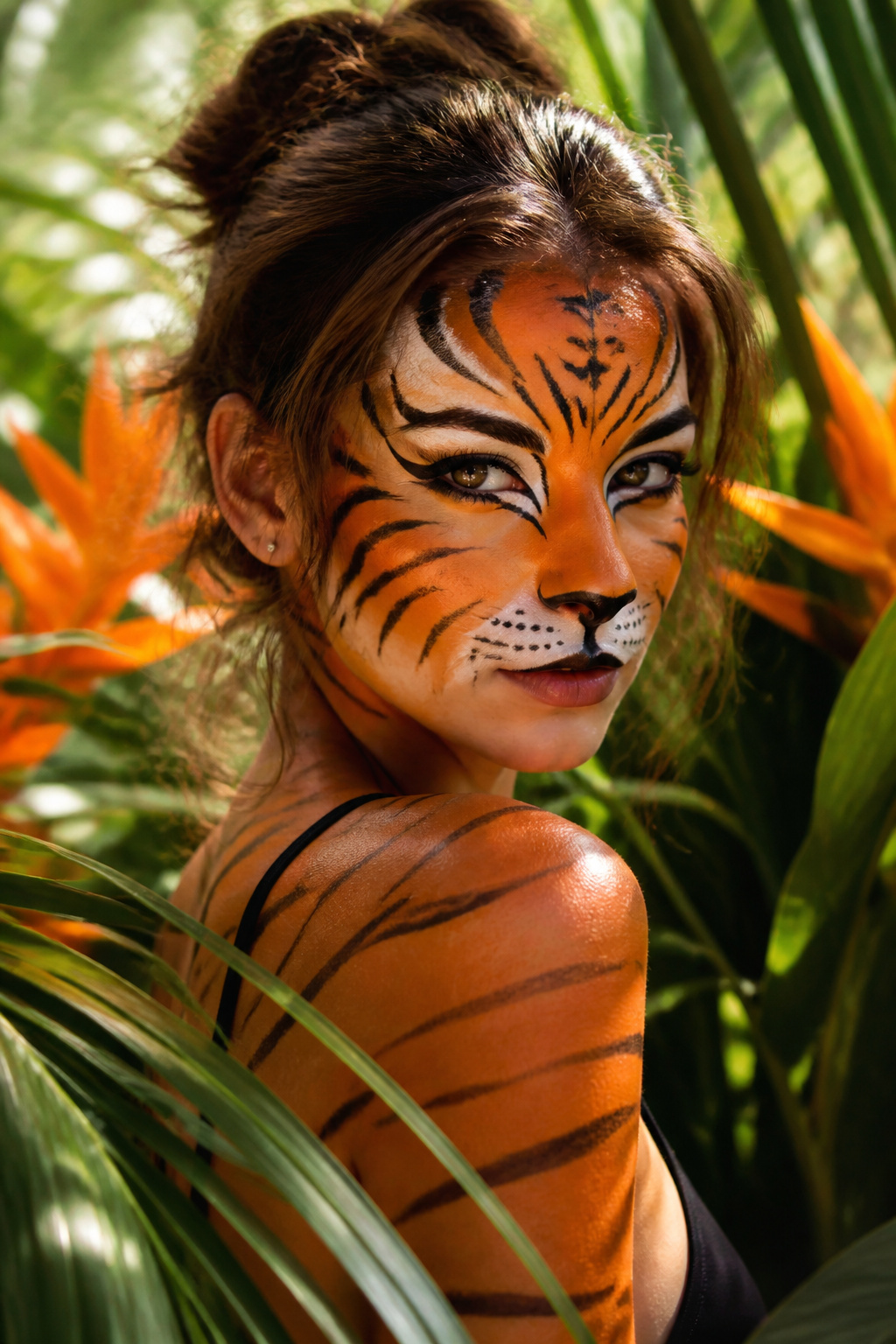 21 Cat Makeup Halloween Ideas for 2026 6 A model with orange face paint and black stripes in a tropical setting.