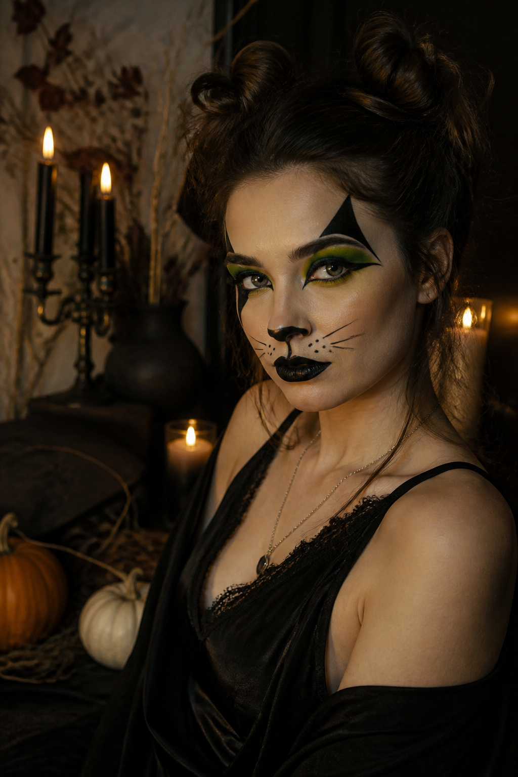 21 Cat Makeup Halloween Ideas for 2026 7 A model with dark makeup and green shadow in an autumn-decorated room.