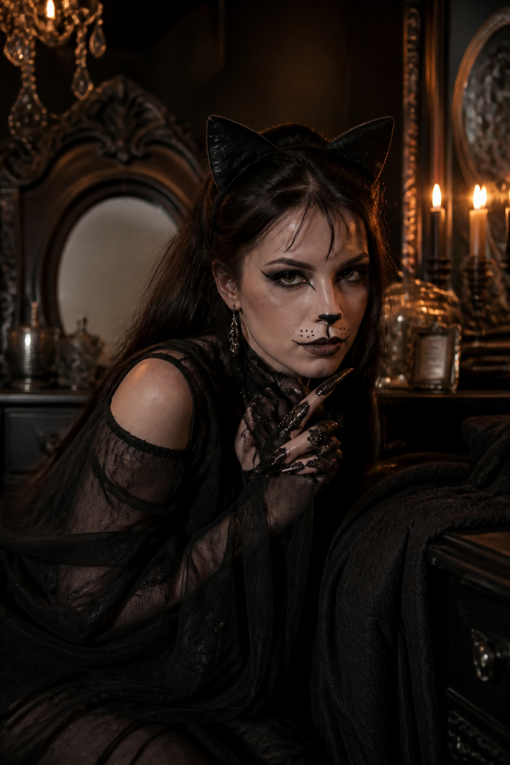 21 Cat Makeup Halloween Ideas for 2026 8 A model with dark makeup and striking features in a dimly lit environment.