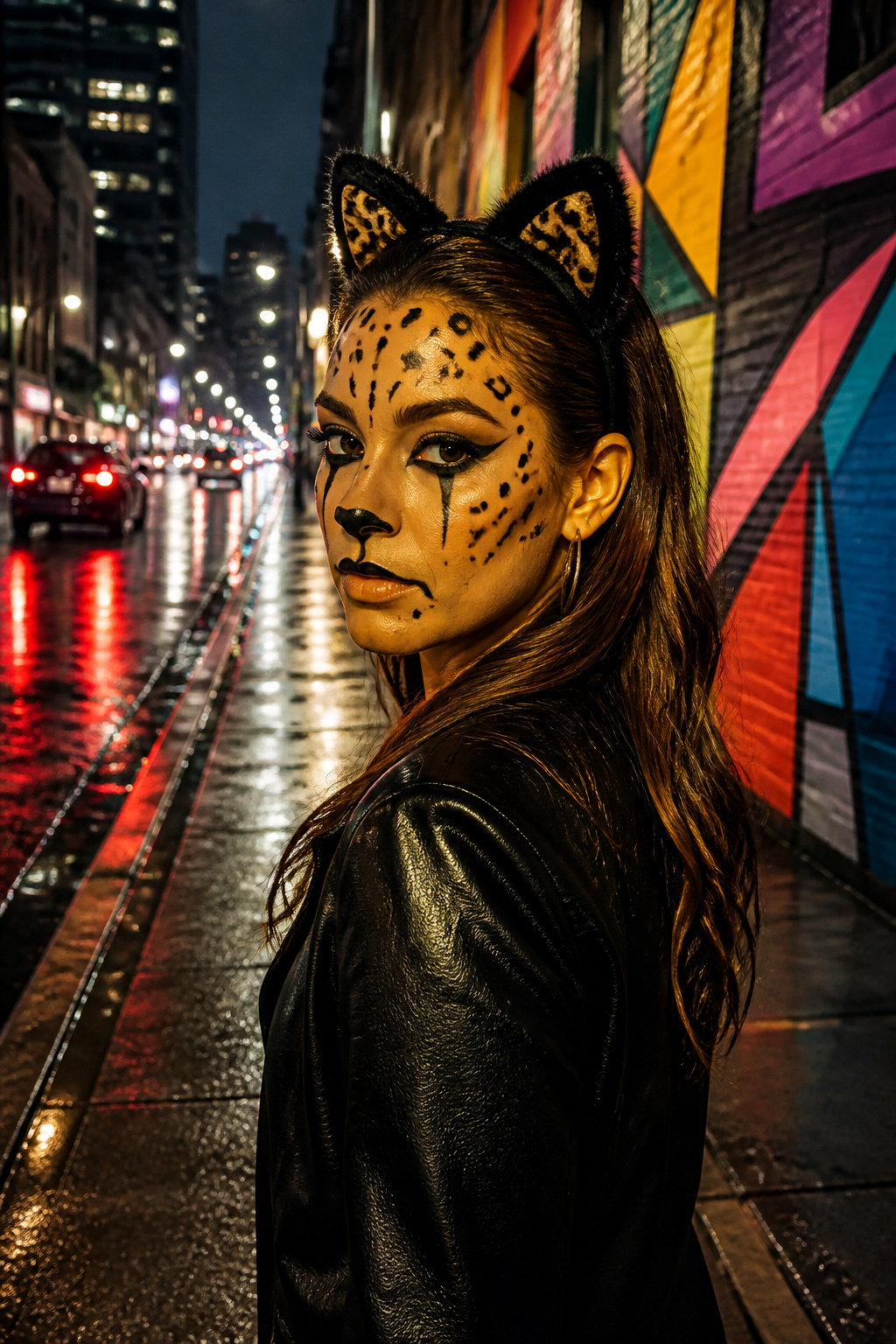 21 Cat Makeup Halloween Ideas for 2026 9 A model with yellow-tan face paint and black spots in an urban backdrop.