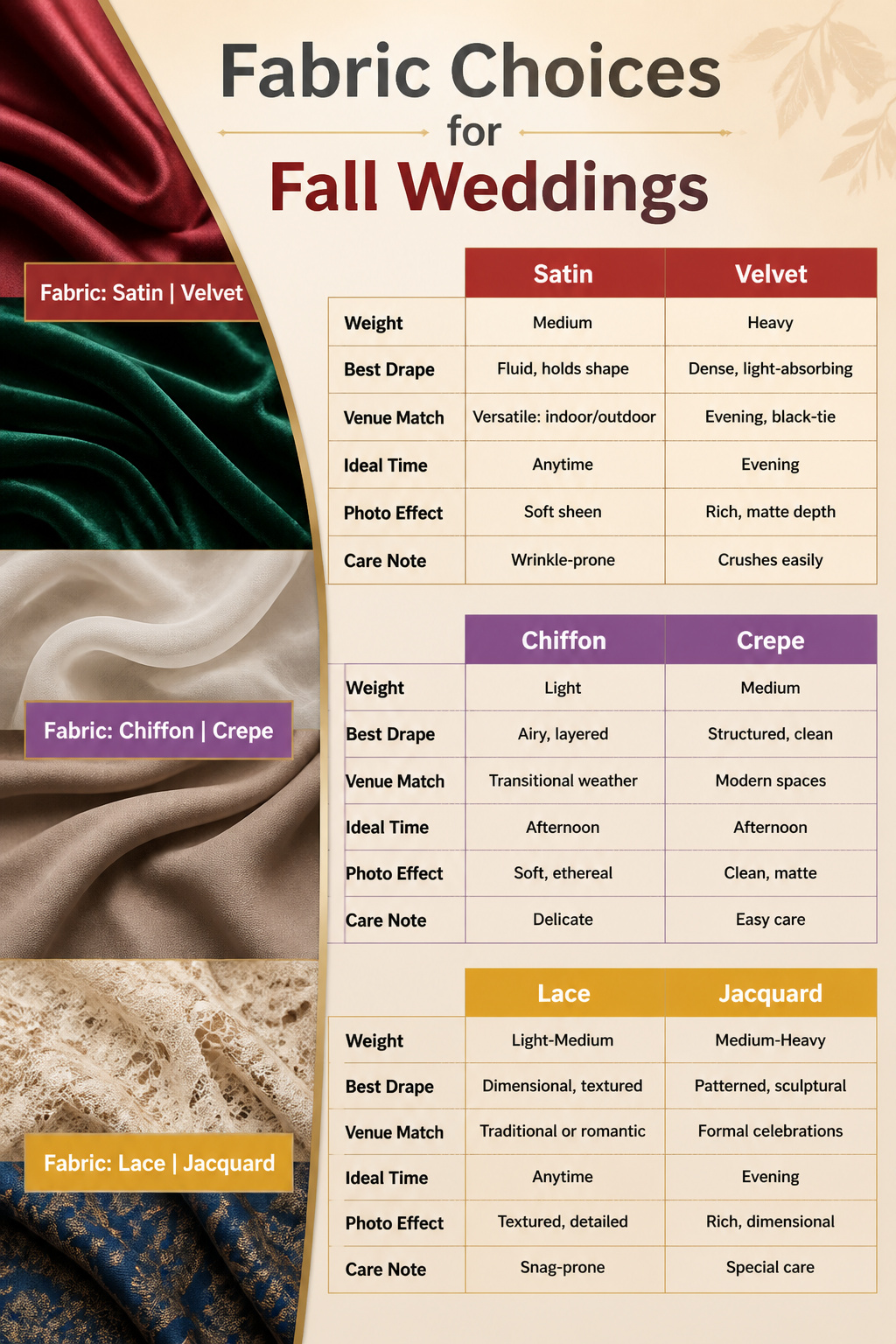 Fall Wedding Guest Outfit Ideas for 2026: Formal Dresses, Gowns & Accessories 11 A graphic displaying various fabrics suitable for fall weddings.