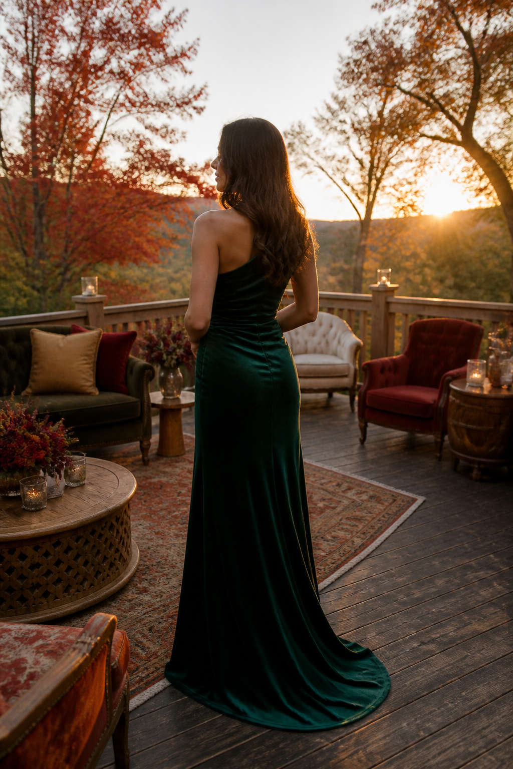Fall Wedding Guest Outfit Ideas for 2026: Formal Dresses, Gowns & Accessories 3 A velvet evening dress in emerald green on a wooded terrace.