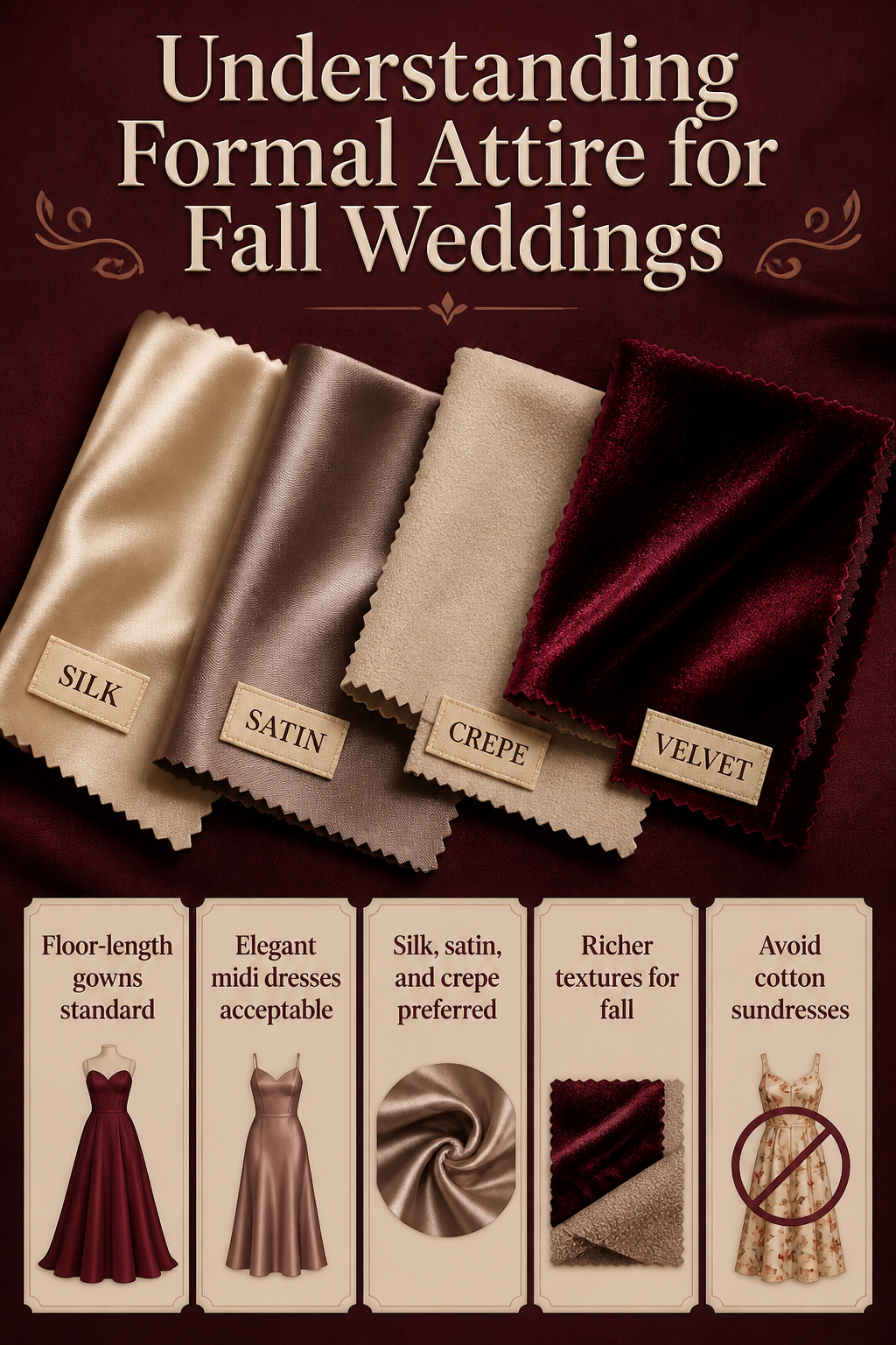 Fall Wedding Guest Outfit Ideas for 2026: Formal Dresses, Gowns & Accessories 9 An informative graphic explaining formal attire for fall weddings.