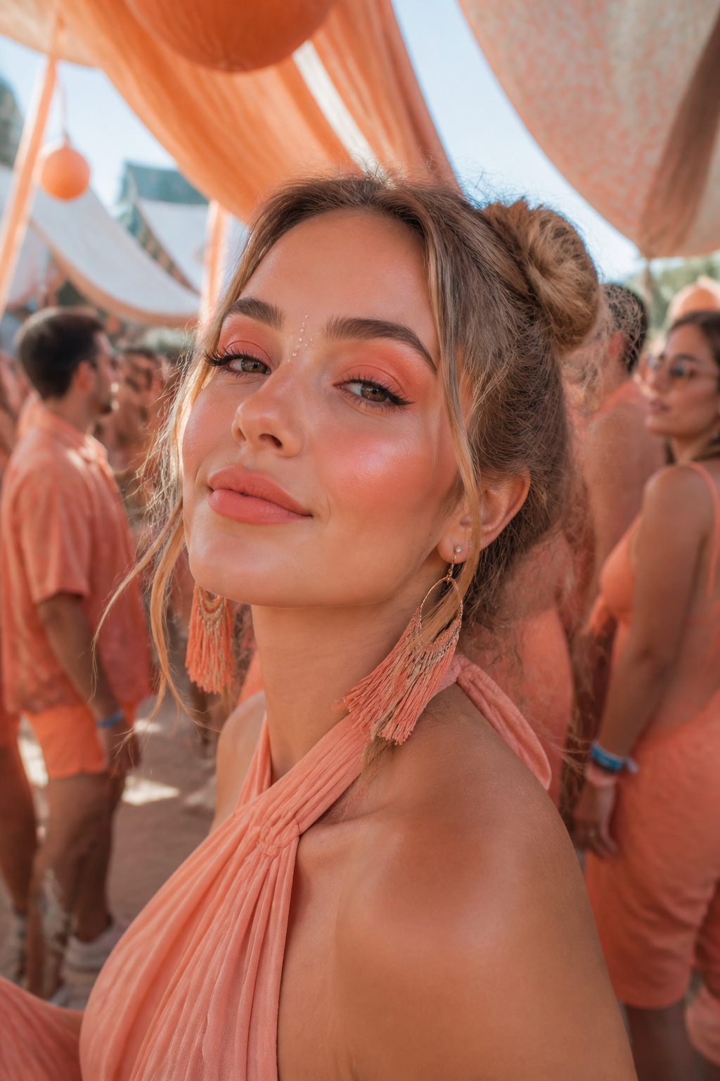 19 Festival Makeup Looks and Ideas for 2026: From Edgy to Boho 10 Model showcasing a makeup look with matching colors on eyes, cheeks, and lips.