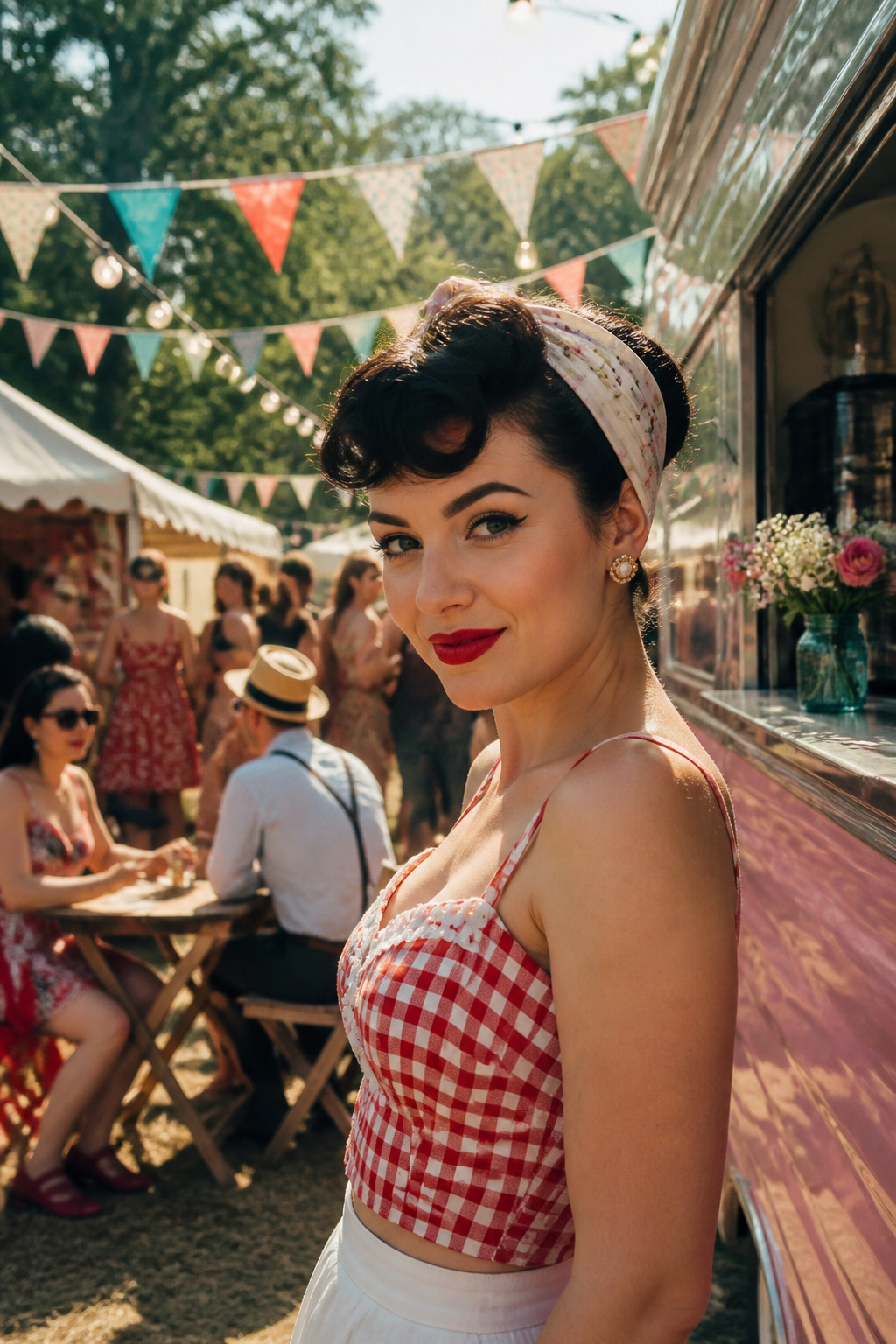 19 Festival Makeup Looks and Ideas for 2026: From Edgy to Boho 18 Model with classic cat eye makeup and red lipstick at a festival.