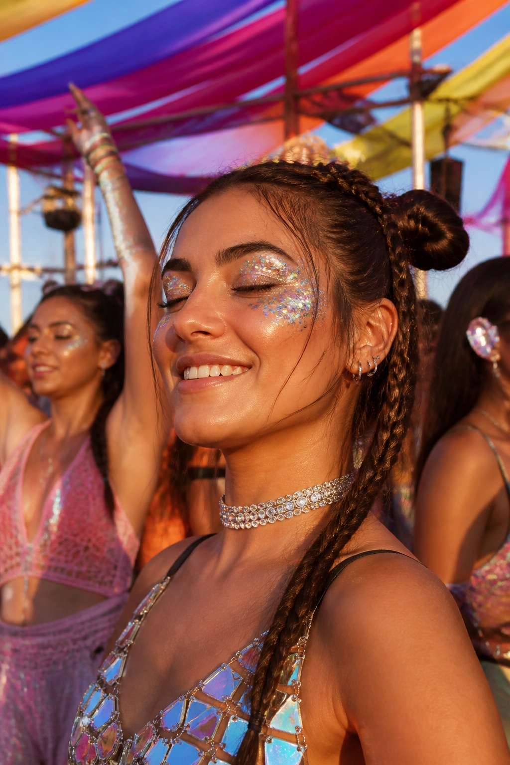19 Festival Makeup Looks and Ideas for 2026: From Edgy to Boho 6 Model adorned with glitter on cheeks and eyelids for a dazzling effect.