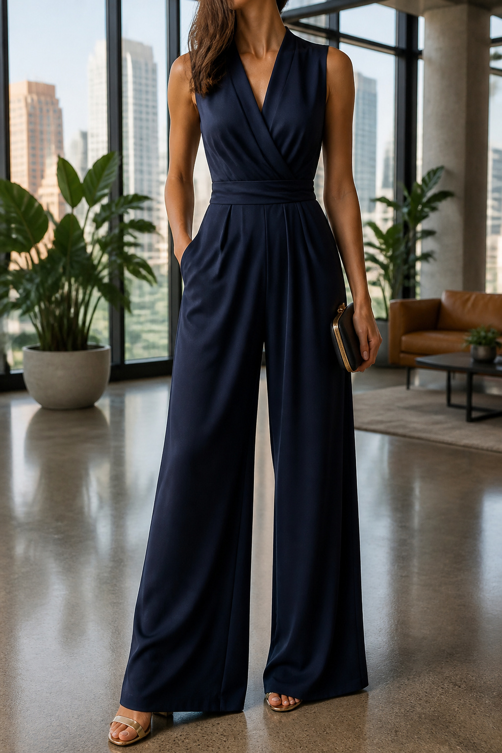 Spring Wedding Guest Outfit Ideas 7 Model in a stylish dressy jumpsuit at a spring event.