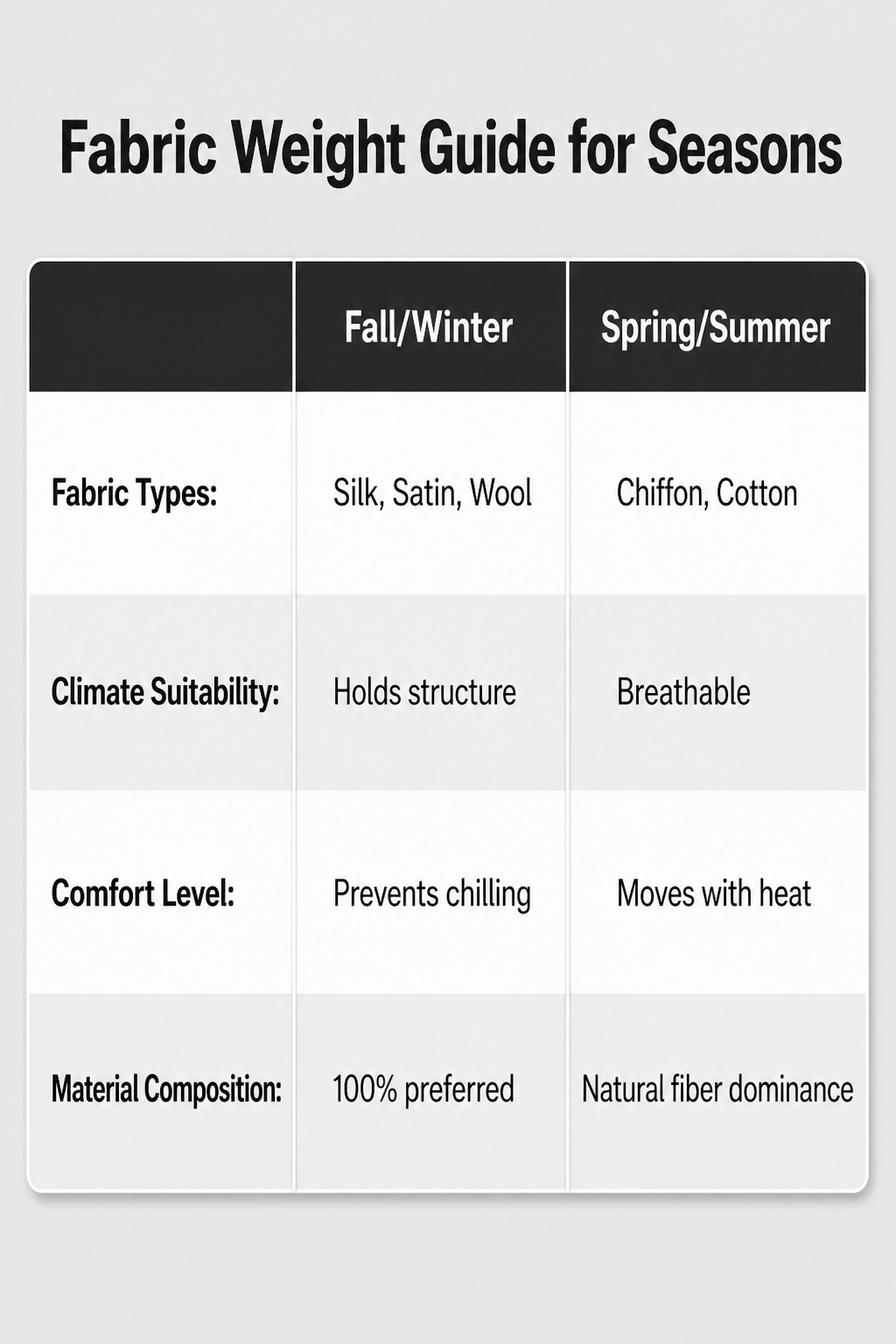 Guide on fabric weight for different seasons in wedding attire.