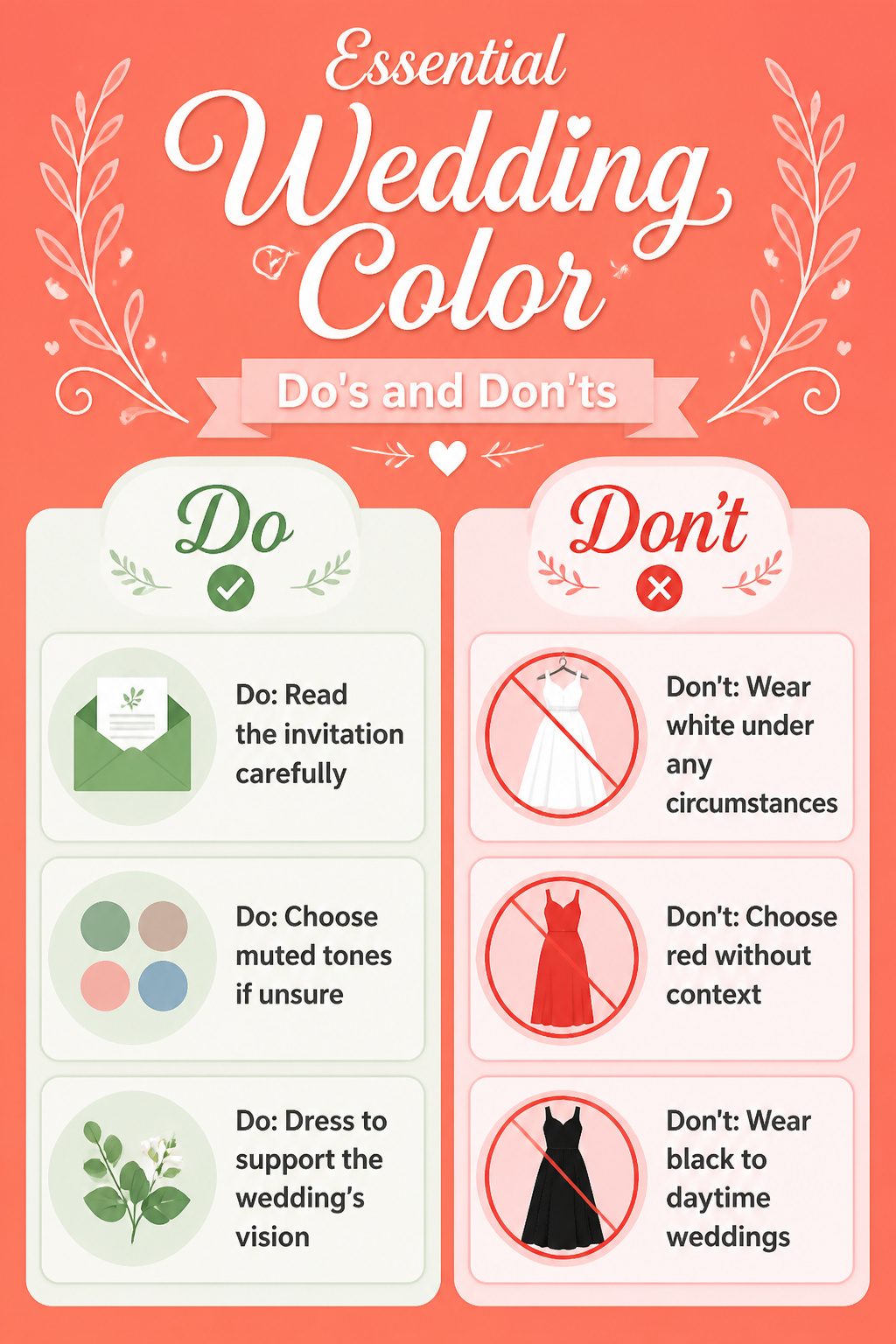 Essential color do's and don'ts for wedding guest attire.
