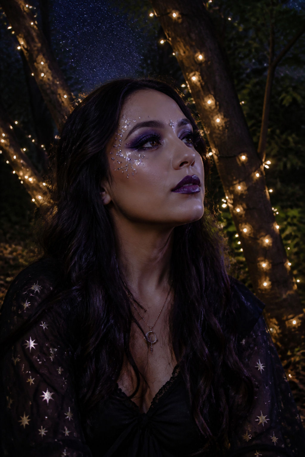 Witch Makeup Halloween Ideas for 2026: 15 Styles 12 Model with purple eyeshadow and gems in a starlit clearing.
