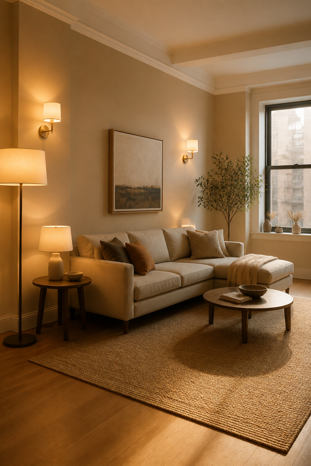 A cozy corner with floor and table lamps illuminating the area.