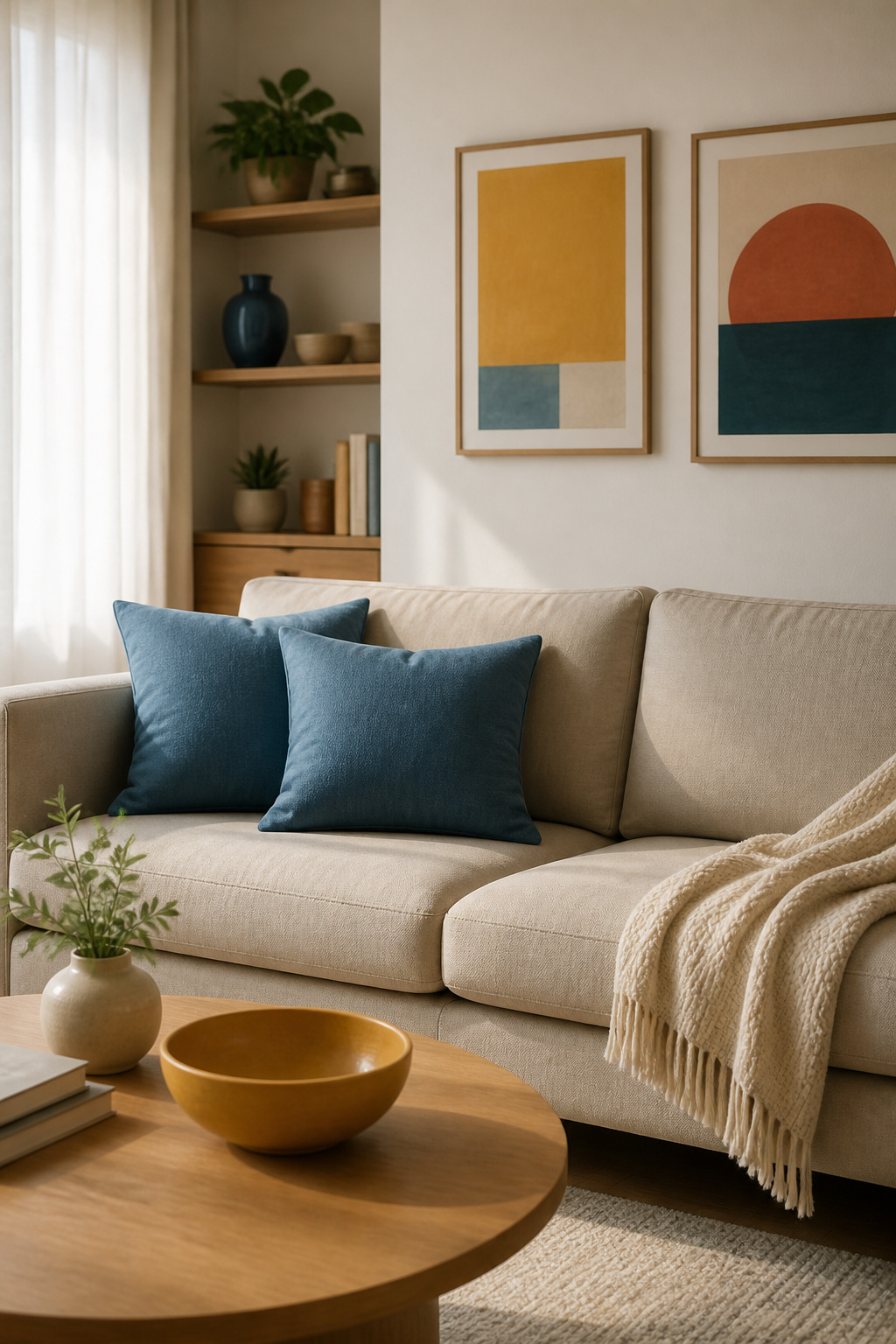 A red throw pillow contrasting with a blue-gray sofa.
