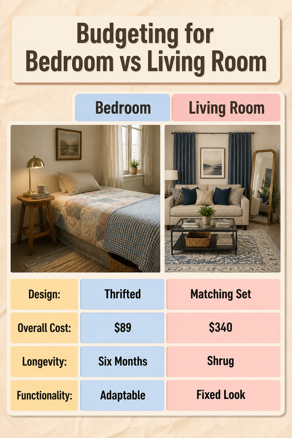 A comparison of budgeting for bedroom and living room decor.
