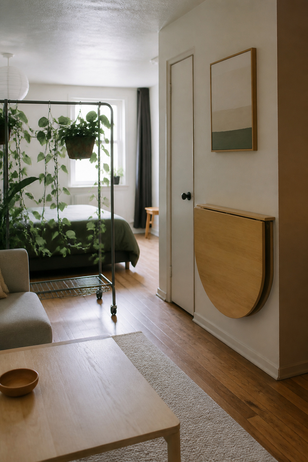 A drop-leaf table positioned behind a bedroom door.