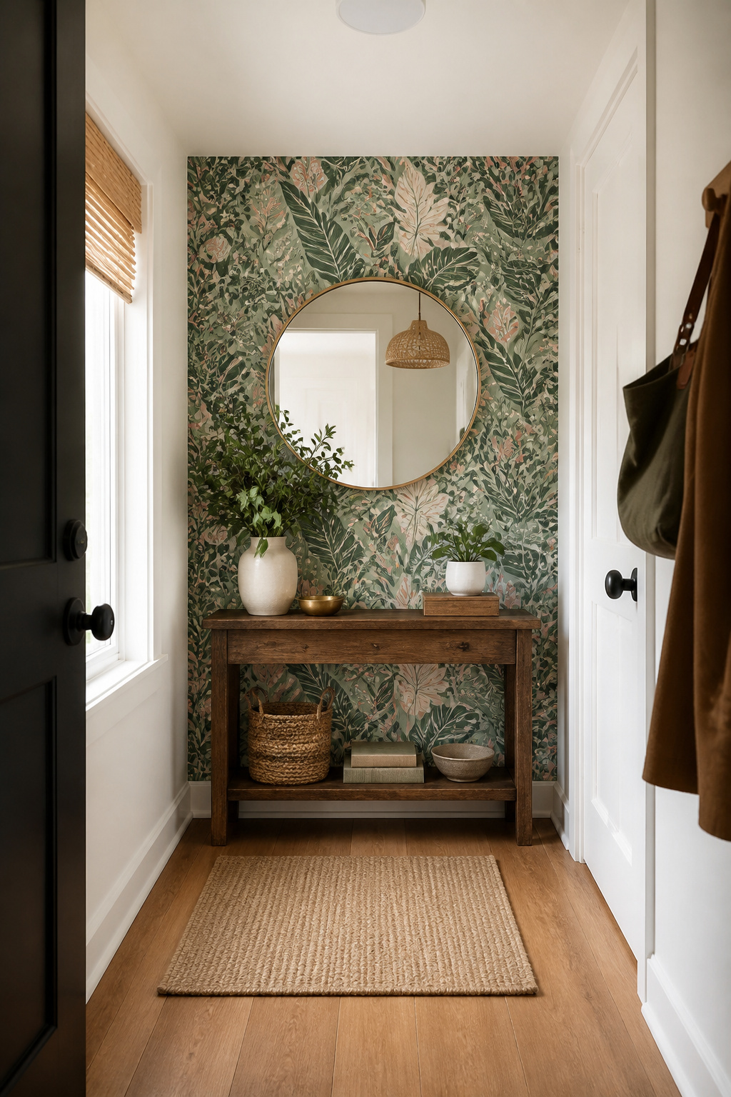 A vibrant accent wall with botanical peel-and-stick wallpaper.