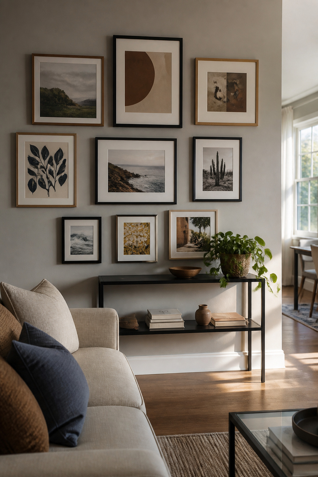 A gallery wall featuring framed art and personal photographs.