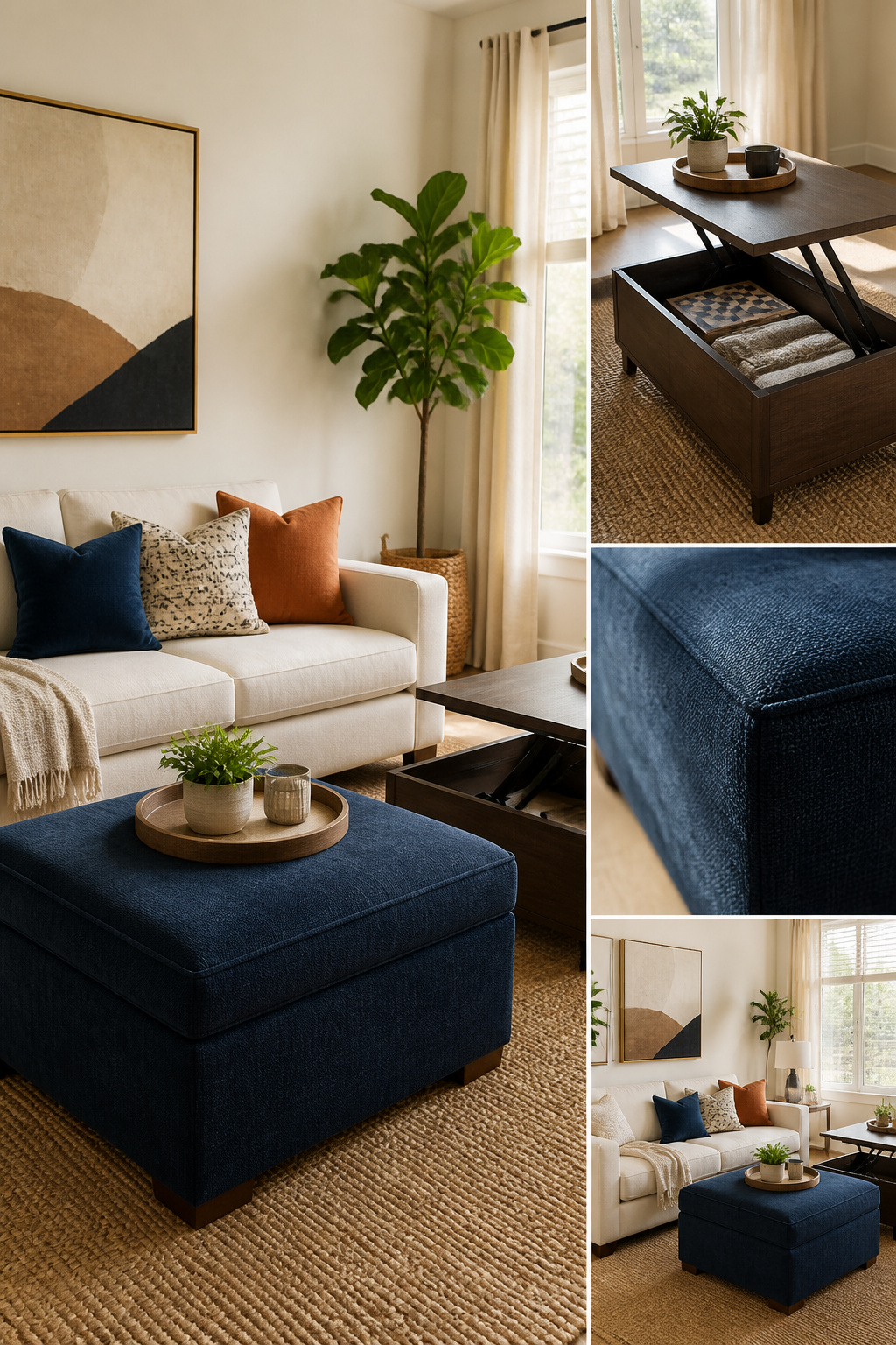 A storage ottoman used as a footrest and table in a living room.