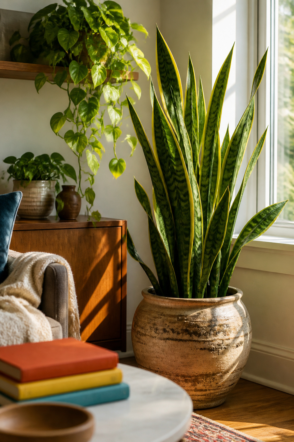 A snake plant displayed in a ceramic pot on a windowsill.