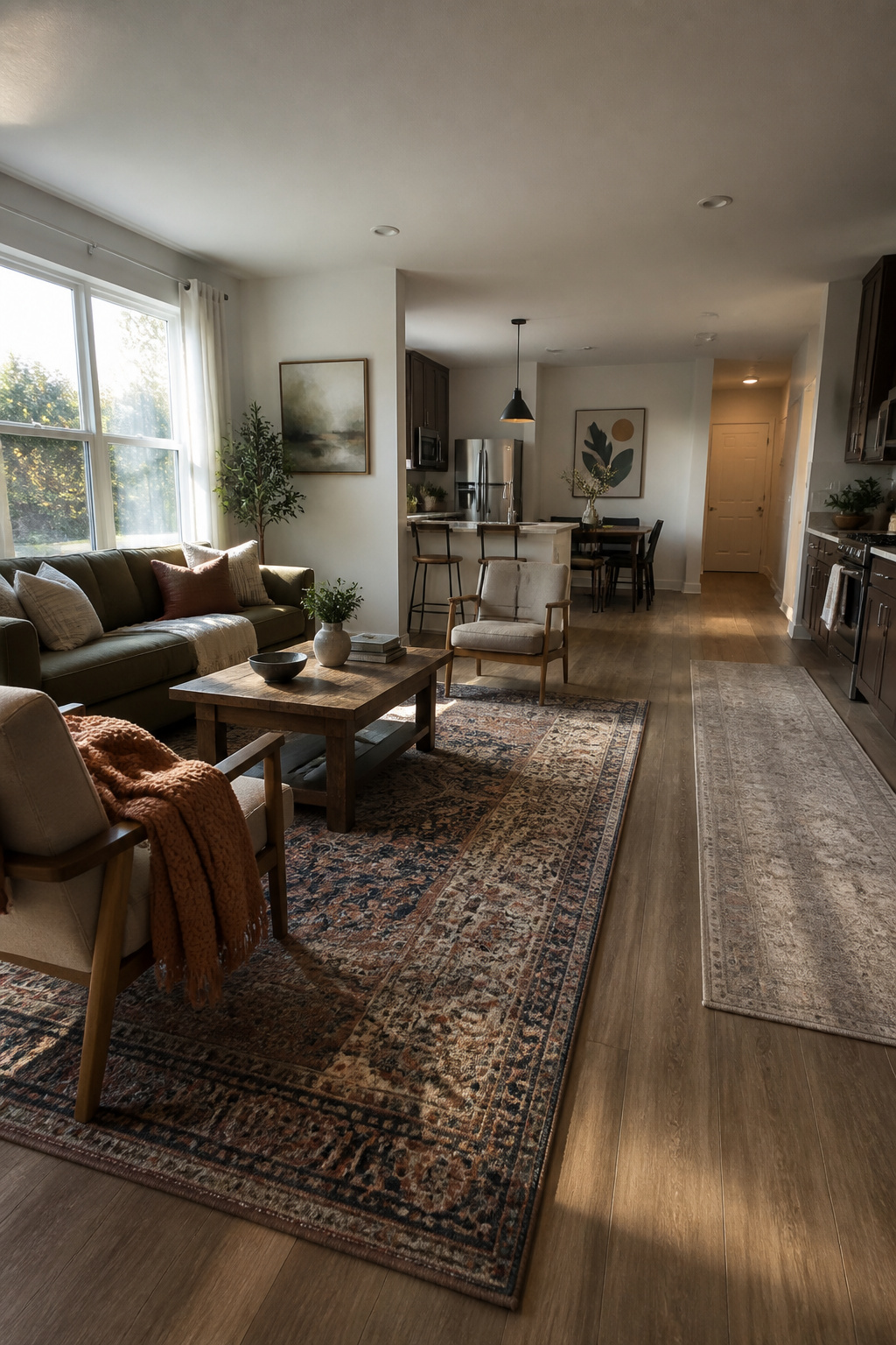 A rug placed in a living area, defining the seating space.