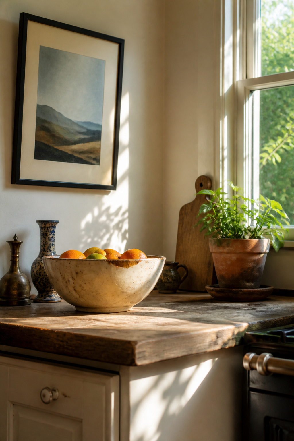 A ceramic bowl and vintage trinkets displayed in a kitchen.