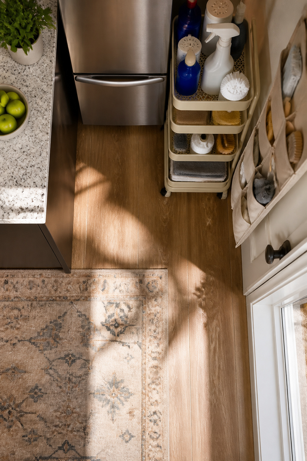 A rolling cart and over-door organizer used for storage.