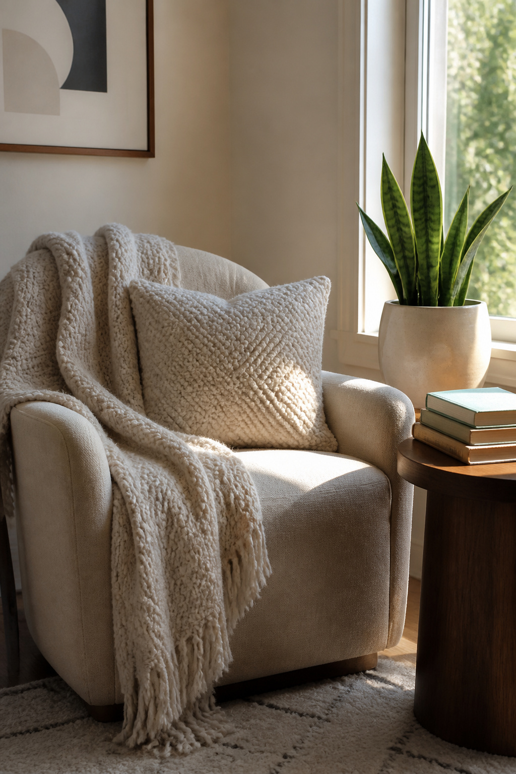 A reading nook with a plush throw and decorative cushions.